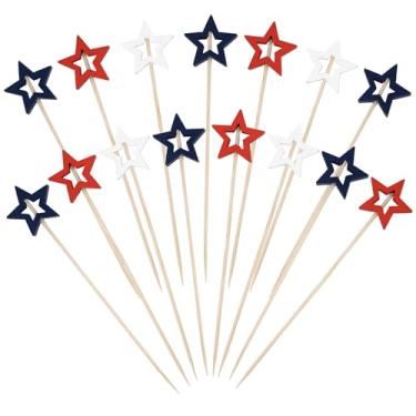 Imagem de 200 peças de palitos de coquetel de estrela vermelha, branca e azul, palitos decorativos de estrela, espetos extravagantes de bambu para aperitivos, festa do dia da independência, comida, bebidas