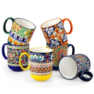 Imagem de vancasso Conjunto de 6 canecas de café Boho de cerâmica de 400 ml com alça, copos de porcelana coloridos seguros para micro-ondas e lava-louças, para chá latte, cappuccino, cacau, chocolate quente