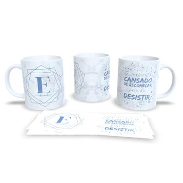 Imagem de Caneca Motivacional com Frase 'Se Você Está Cansado de Recomeçar Pare de Desistir', Cerâmica Branca, Design Geométrico Azul (e)