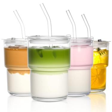Imagem de AUFXKOO Copos de café gelado de 425 g com tampas reutilizáveis, 4 peças de copos de vidro matcha, copos de vidro com tampas e canudos, copo de café de vidro transparente para beber água, chá, suco
