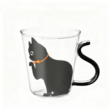 Imagem de Poranlem Caneca de gato fofa de vidro borossilicato alto design de impressão animal copo de cozinha e jantar para bebidas quentes e frias, um presente para entusiastas de gatos (preto)
