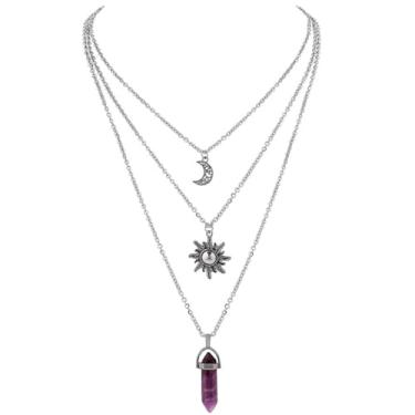 Imagem de RLHRNDE Colar gótico de cristal em camadas de sol e lua para mulheres, colar de bruxa gótica, Halloween, boêmio, verão, praia, joias, presente, Medium, Metal, Sem Pedra Preciosa