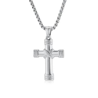 Imagem de REchoLI Colar de cruz para homens, aço inoxidável prata/preto texturizado corda pingente de cruz corrente religiosa joia cristã 60 cm/23,6 polegadas, 23.6 Inches, Aço inoxidável, Sem Pedra Preciosa