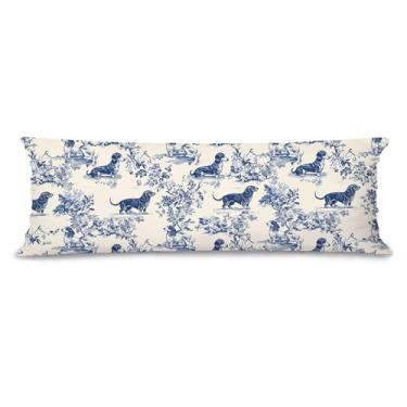 Imagem de Evcprz Blue Chinoiserie Dachshund 20x54 Capa de travesseiro corporal com zíper, presentes para cães Weiner, decoração de casa Grandmillennial, fronha de travesseiro longo de cachorro floral azul e
