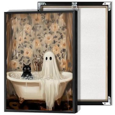 Imagem de Arte de parede fantasma de banheiro de Halloween gato fantasma fofo na banheira pôsteres em tela gótico sombrio academia terror assustador Bubblebath impressões pintura para sala de estar quarto