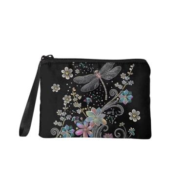 Imagem de Bolsa feminina pequena para moedas, porta-moedas, porta-cartões com zíper, porta-chaves, bolsa de maquiagem, Libélula floral, Small, Moderno