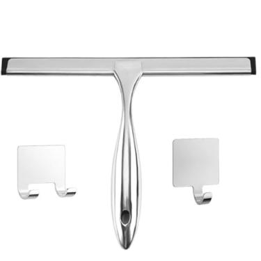 Imagem de Rodo de chuveiro de aço inoxidável multiuso de 25 cm — limpador de porta e espelho de vidro de banheiro com 2 ganchos adesivos, ideal para janelas, azulejos, paredes e carros, acabamento prateado