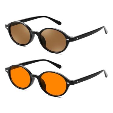 Imagem de FEISEDY Óculos de sol ovais retrô para mulheres anos 90 estreito redondo leve Y2k Sunnies modernos B1171, Pacote com 2 (moldura preta 002 e chá e cinza + moldura preta 009 e laranja), 47mm