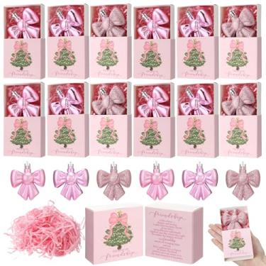 Imagem de Kathfly 12 conjuntos de enfeites de Natal com laço rosa para amigos, árvore de Natal, com glitter, laços foscos, enfeites para pendurar, laço especial de amizade, caixa de presente para mulheres