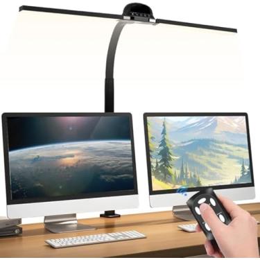 Imagem de Luminária LED de Mesa com Braço Articulado, Suporte Duplo para Monitor, Base em Madeira, Iluminação para Área de Trabalho