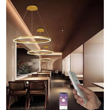Imagem de Luminária pendente LED dourada para sala de estar, com controle remoto, dimerizável, para quarto e sala de jantar. Lustre redondo em acrílico com 1 volta, Ø40cm - 32W.