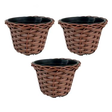 Imagem de Vasos Cachepot Trançado Marrom Fibra Sintética Vime - Conjunto Boho Chic para Sala, Varanda e Jardim, Fibra Sintética, Decoração Natural(KIT 3 VASOS)