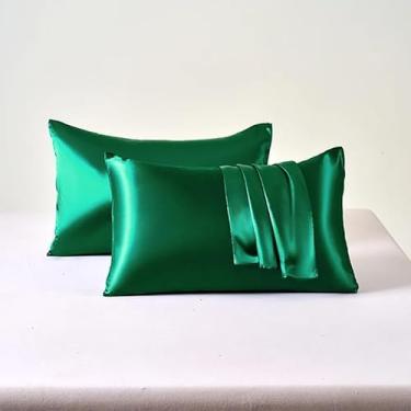 Imagem de 1 pç fronha de seda para cabelo e pele fronhas de seda amoreira protetores de travesseiro capa de travesseiro refrescante com fecho de envelope - verde escuro