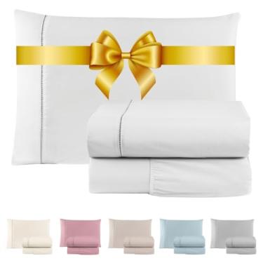 Imagem de Jogo de Lençol 600 Fios Cama Solteiro Casal Queen e King Premium Extra Macio - Roupa De Cama Antiácaro (Branco, Solteiro 3 Peças)