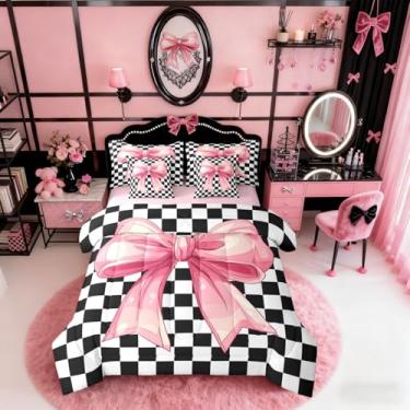 Imagem de Erosebridal Jogo de cama solteiro com laço rosa, 7 peças, preto e branco, quadriculado, quadriculado, quadriculado, preto e branco, para crianças, adultos, conjunto de cama com laços geométricos