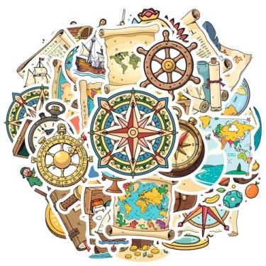 Imagem de 50 peças de adesivos de bússola de exploração de exploração de aventura de pirata náutico, bússola, para mala, geladeira, telefone, bagagem, laptop, guitarra, carro, adesivos, brinquedos, laptop