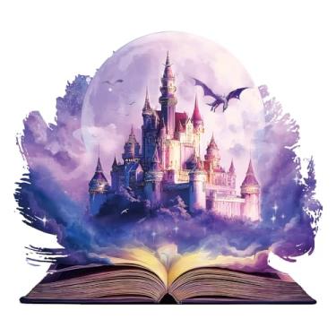 Imagem de PLIGREAT Decalques de parede de castelo de livro de 2 folhas, adesivos de parede com bola de cristal mágica, decoração de arte de dragão de vinil removível para quarto, berçário, sala de estar, escola