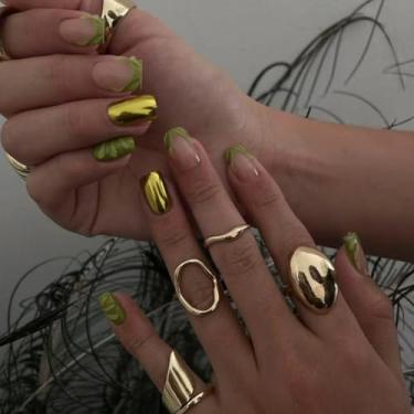 Imagem de Pregos postiços quadrados curtos verdes franceses pregos falsos com cobertura completa simples Desien 3D cola acrílica falsa em unha para mulheres, 24 peças