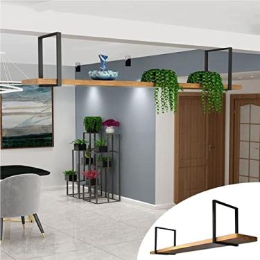 Imagem de Prateleira de teto – rack de vinho pendurado no teto, rack de armazenamento de madeira maciça de ferro forjado, suporte de exibição interno montado na parede, prateleira decorativa para sala de jantar