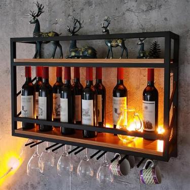 Imagem de 3FLQOOPP Rack de vidro para garrafa de vinho industrial montado na parede armário de bebidas rack de vinho com suporte de vidro prateleiras de madeira de 2 camadas para decoração de cozinha de sala de