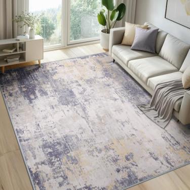 Imagem de RELEANY Tapetes laváveis 1,8 m x 20,3 m, antiderrapante, moderno, abstrato, macio para sala de estar, entrada, quarto, berçário, padrão impresso, roxo, cinza, amarelo creme