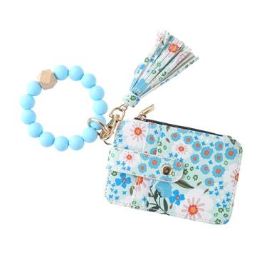 Imagem de Carteira feminina Boho com contas de pulso – Porta-cartões com estampa floral com borla, pulseira de contas de silicone, porta-chaves com zíper e porta-moedas para identidade para mulheres
