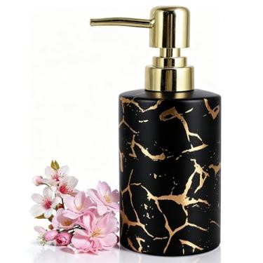 Imagem de Dispensador de sabão de banheiro dourado, dispensador de sabão de cerâmica com bomba dourada, garrafa vazia de mármore para cozinha, organizador de armazenamento de bancada de banheiro, decoração de