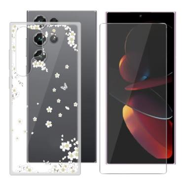 Imagem de Capa para Oukitel C61 Pro (6,9 polegadas) capa de telefone + protetor de tela - Capa protetora de silicone capa protetora de silicone transparente com proteção de película de dureza 9H - flor de pera