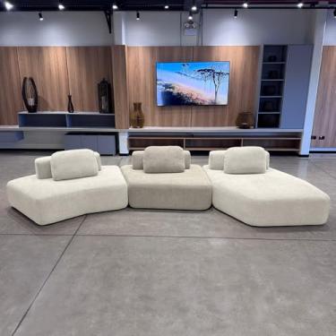 Imagem de Sofá Ilha Sala de Estar 2 Módulos e Chaise Dakota Encosto Almofadas Soltas Bouclê Rústico OffWhite/Greige G33 - Gran Belo