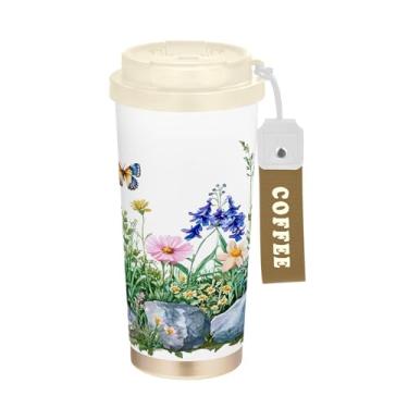 Imagem de SEHANY Caneca de viagem borboleta e flores de 482 ml Copos de café reutilizáveis revestidos de cerâmica com tampa à prova de vazamento, parede dupla, isolamento a vácuo, copo de café de aço inoxidável