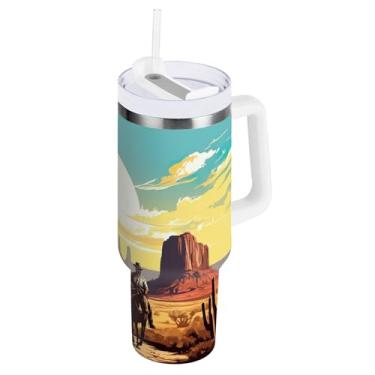 Imagem de xigua Copo vintage Western Cowboy de 850 g com tampa e canudo, aço inoxidável de vácuo duplo isolado garrafa de água esportiva suporte para copo de café de viagem à prova de vazamento para bebida