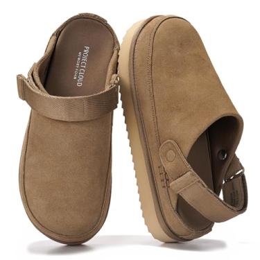 Imagem de Project Cloud Tamancos femininos de camurça genuína - Tamancos e mules femininos de espuma viscoelástica com alças ajustáveis - Sapatos plataforma leves antiderrapantes (Goldstar), Camurça cáqui, 34