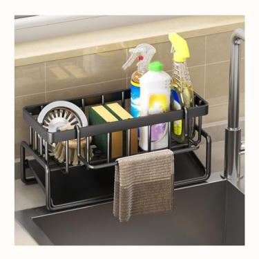 Imagem de HGTRH Organizador de pia, organizador de cozinha suporte de esponja com bandeja de drenagem automática e suporte de pano para cozinha e banheiro preto