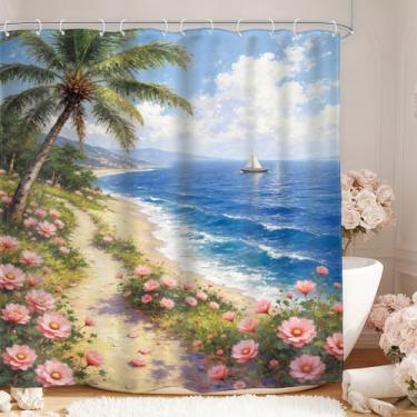 Imagem de Glawry Cortina de chuveiro do mar do oceano, Havaí, litoral, palmeira, florescendo, floral, planta tropical, verão, natureza, cenário de banheiro, 182 cm L x 182 cm, acessórios de banho, arte