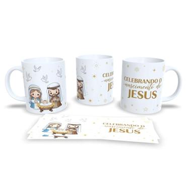 Imagem de Caneca de Cerâmica Branca com Tema Natalino, Design de Presépio, Jesus O Verdadeiro Sentido do Natal, Decoração de Natal com Estrelas Douradas (23174)