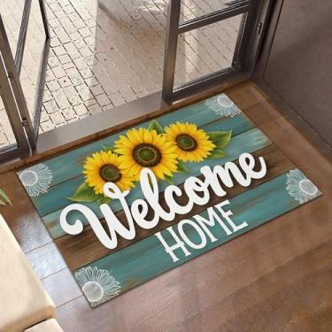 Imagem de Tapete rústico de boas-vindas de girassóis, tapetes internos de madeira azul para entrada, tapetes antiderrapantes de perfil baixo, tapetes de varanda para porta da frente, escada, tapete de sala de