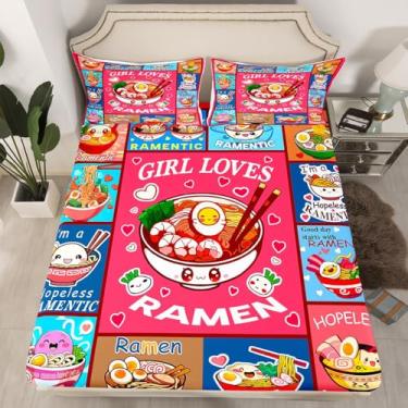 Imagem de jejeloiu Jogo de lençol com elástico, para crianças, meninos, meninas, sopa, ramen, ultramacio, presente para meninas, amor, macarrão, decoração de quarto gourmet, tamanho Queen