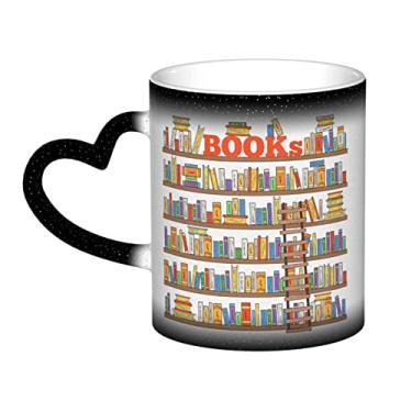 Imagem de Coleção de prateleiras de livros engraçadas e xícara de café divertida, xícara de cerâmica mágica sensível ao calor que muda de cor 12 Oz, para café/chá/leite/cacau, para adolescente/aniversário