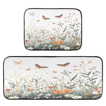 Imagem de Qilmy Tapetes de cozinha de flores silvestres e borboletas, 2 peças, tapete de entrada frontal, antiderrapante, alivia a fadiga, lavável, tapete para cozinha, quarto, varanda628