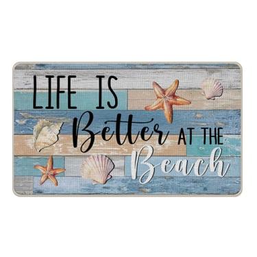 Imagem de Livcoz Life is Better at The Beach Welcome Tapete de porta da frente, tapete decorativo de estrela do mar náutica costeira, tapete de entrada antiderrapante, perfil baixo para casa de fazenda