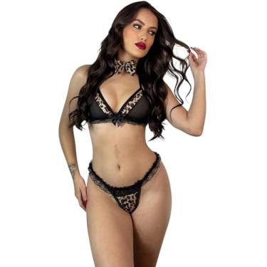 Imagem de Fantasia Oncinha Sexy com Gravatinha Renda Veludo Estampado Lingerie Sexy Conjunto Sensual