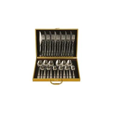 Imagem de Conjunto de Talheres 24 Peças em Aço Inoxidável com Maleta Dourada, Acabamento Espelhado, Inclui Facas, Garfos, Colheres de Mesa e Sobremesa