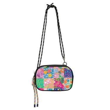 Imagem de YETTASBIN Bolsa tiracolo feminina Flower Patchwork com vários bolsos, alça ajustável e cordão colorido, bolsa de ombro compacta para viagens, compras, uso diário