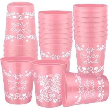 Imagem de Qinyoung 24 Pcs Cielito Lindo Party Decoration Cups 16oz Reusable Plastic Cups for Mexican Talavera Wedding Party Supplies Birthday Favor Bulk for Ice Coffee, Juice, Smoothie (Pink)