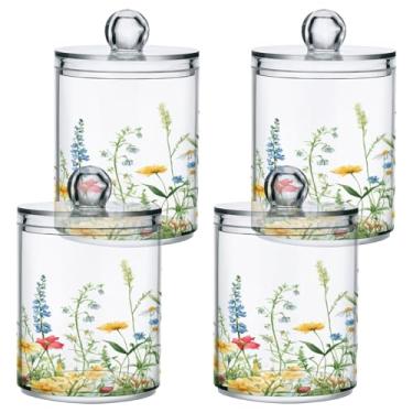 Imagem de STAYTOP 2 frascos de boticário de flores silvestres e borboletas Qtip para banheiro com etiquetas - Recipiente de armazenamento Qtip de plástico transparente para bola de algodão, cotonete, grão de