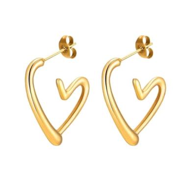 Imagem de Brincos de coração dourado para mulheres, brincos delicados e irregulares de argola de amor, brincos de pingente de coração pequeno formais exclusivos acessórios de joias, Small, Metal, Sem pedra