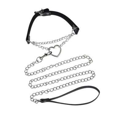 Imagem de COLORFUL BLING Colar de corrente ajustável com coração de amor, para mulheres, gótico, feito à mão, osso de sino, borla, couro poliuretano, colar, colar sexy, bijuteria cosplay, Zinco, Sem Pedra