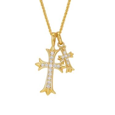 Imagem de Colar Cruz Dourado Feminino 14K Banhado – Fé e Elegância com Pingente Duplo em Zircônia | Corrente Box Fina Ajustável