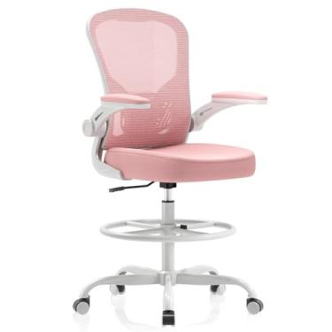 Imagem de Cadeira de desenho ergonômica, cadeira de escritório alta com apoios de braço flip-up, cadeira de mesa alta de malha respirável com suporte lombar anel de apoio para os pés ajustável para mesa em pé