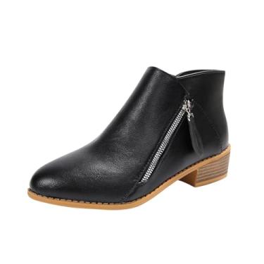 Imagem de Botas femininas com zíper lateral, salto grosso, bico fino, cano baixo, para outono, casual, versátil, estilo legal com salto grosso, Preto, 36